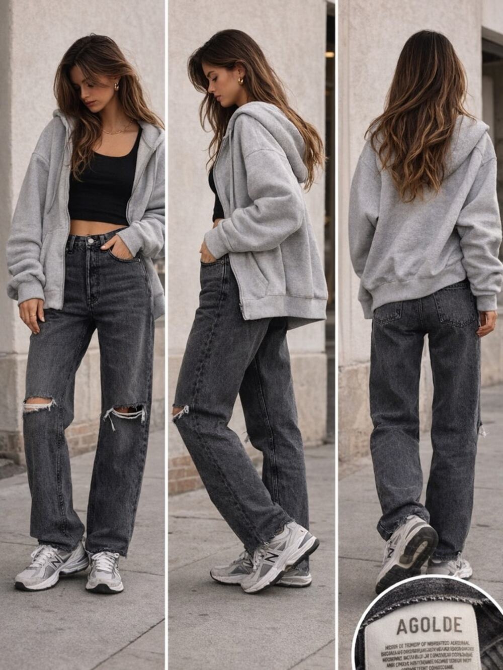 Agolde 90s Loose Fit Jeans Black High Rise Distressed Hem 24